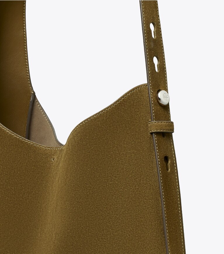 Tory Burch designer hobo bags Romy Hobo Bag aus Wildleder in Deep Olive angle