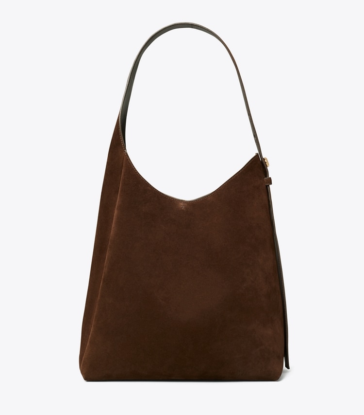 Tory Burch designer hobo bags Romy Hobo Bag aus Wildleder in Dark Cocoa front