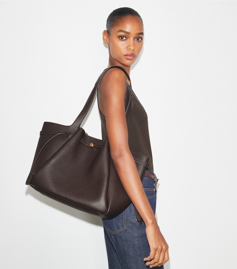 Tory Burch designer tote bags Romy Leather Tote in Deep Brown accessory on model
