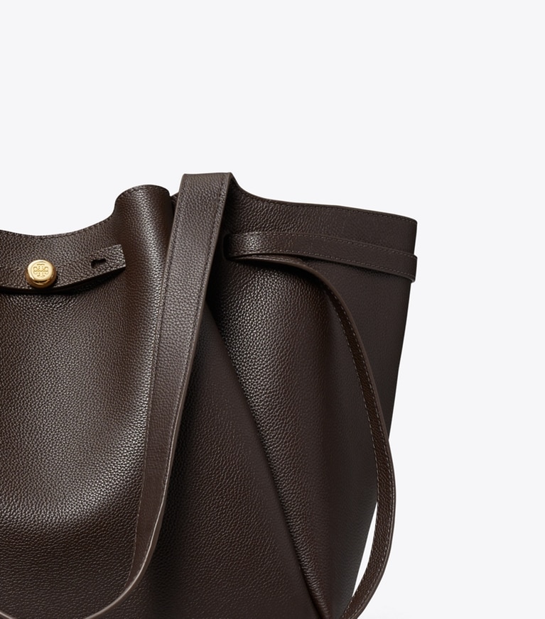 Tory Burch designer tote bags Romy Leather Tote in Deep Brown detail