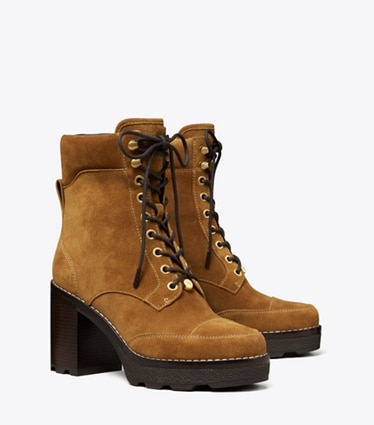 Tory Burch designer ankle boots Romy Lug Heeled Boot in TOFFEE angle