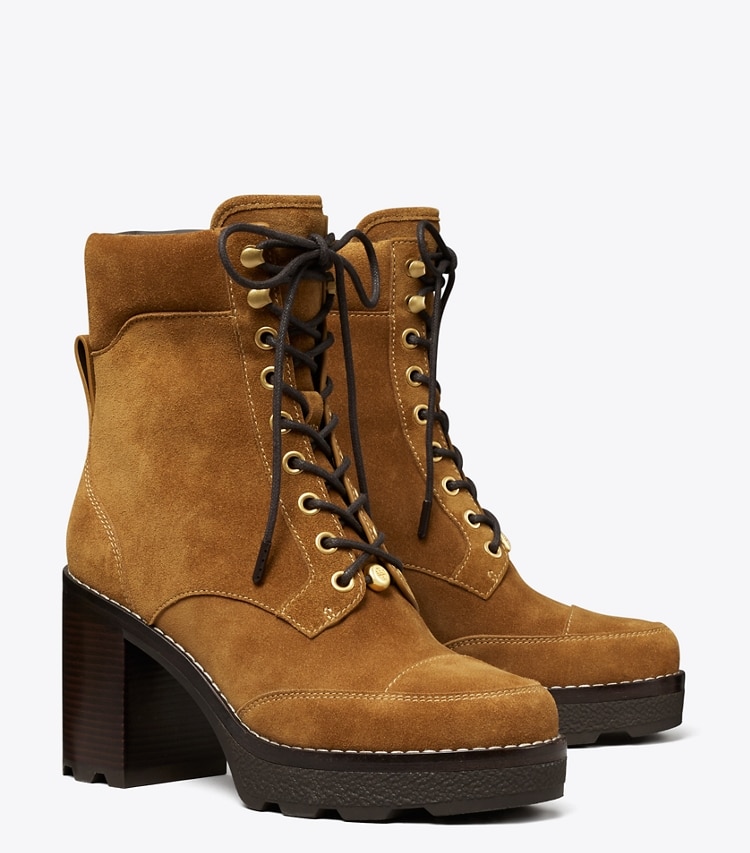 Tory Burch designer ankle boots Romy Lug Heeled Boot in TOFFEE angle