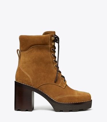 Tory Burch designer ankle boots Romy Lug Heeled Boot in TOFFEE side