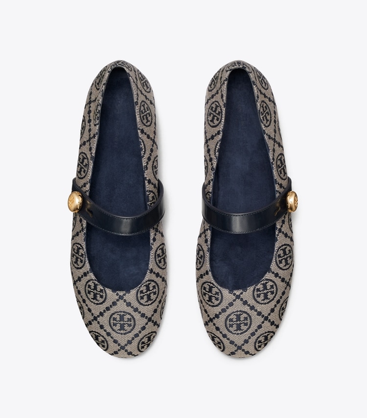Tory Burch designer flats Romy Mary Jane in NAVY T MONOGRAM overhead