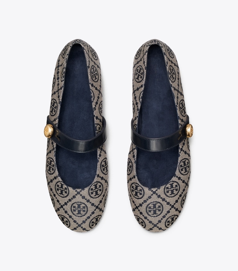Tory Burch designer flats Romy Mary Jane in NAVY T MONOGRAM overhead