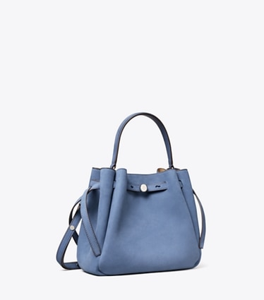 Tory Burch designer crossbody bags Romy Nubuck Bucket Bag in Soft Blue angle