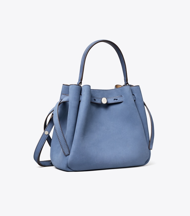 Tory Burch designer crossbody bags Romy Nubuck Bucket Bag in Soft Blue angle