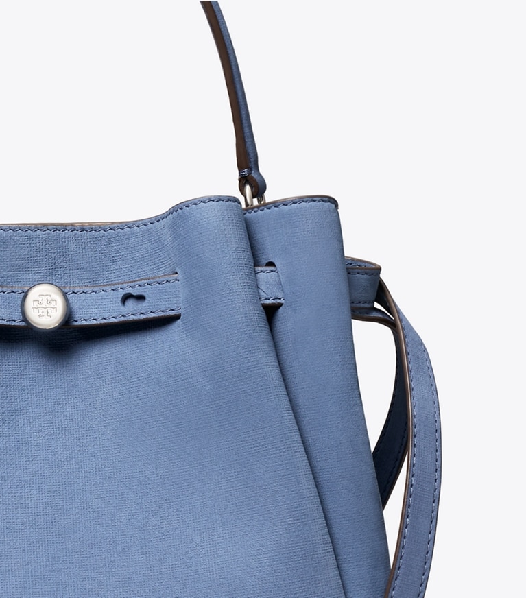 Tory Burch designer crossbody bags Romy Nubuck Bucket Bag in Soft Blue detail