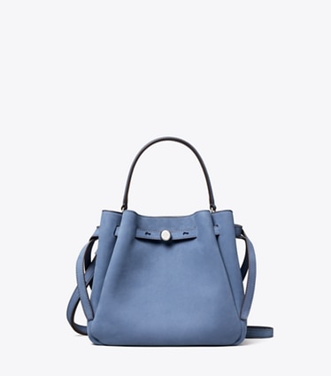 Tory Burch designer crossbody bags Romy Nubuck Bucket Bag in Soft Blue front