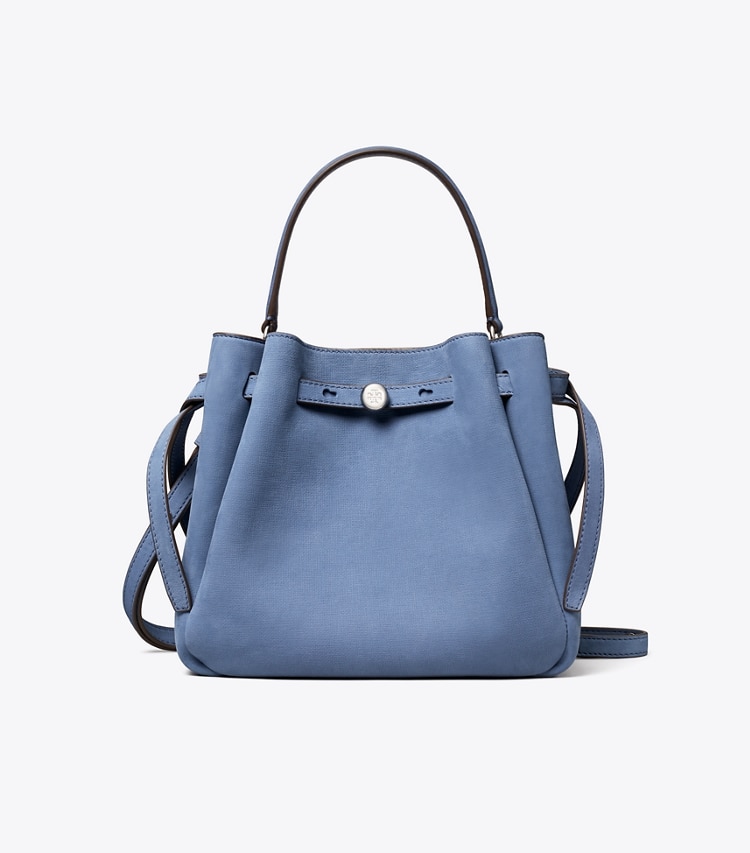 Tory Burch designer crossbody bags Romy Nubuck Bucket Bag in Soft Blue front