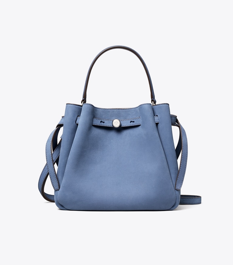 Tory Burch designer crossbody bags Romy Nubuck Bucket Bag in Soft Blue front