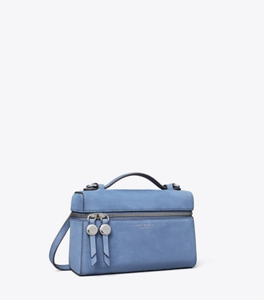 Tory Burch designer crossbody bags Romy Nubuck Slim Top Handle in Soft Blue angle