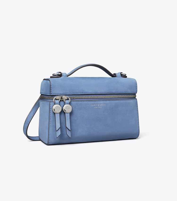 Tory Burch designer crossbody bags Romy Nubuck Slim Top Handle in Soft Blue angle