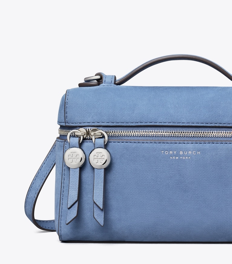 Tory Burch designer crossbody bags Romy Nubuck Slim Top Handle in Soft Blue detail