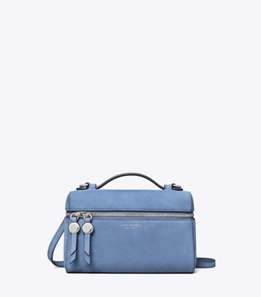 Tory Burch designer crossbody bags Romy Nubuck Slim Top Handle in Soft Blue front