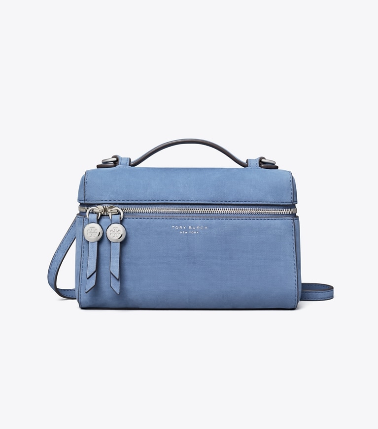 Tory Burch designer crossbody bags Romy Nubuck Slim Top Handle in Soft Blue front