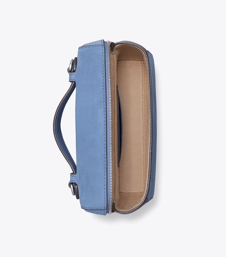 Tory Burch designer crossbody bags Romy Nubuck Slim Top Handle in Soft Blue overhead