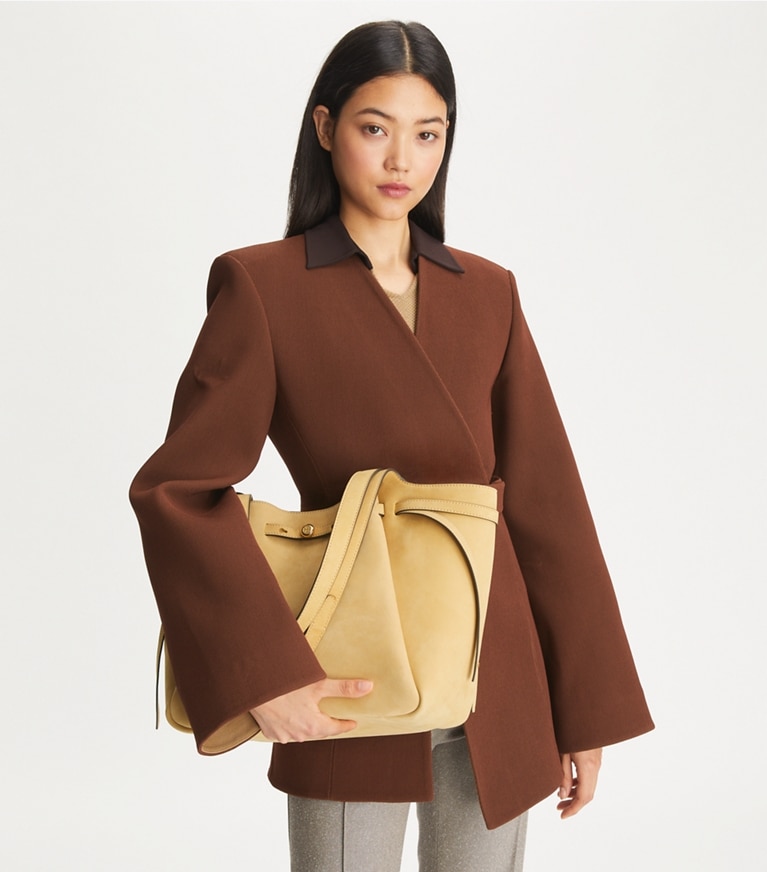 Tory Burch designer tote bags Romy Nubuck Tote in Wheat angle