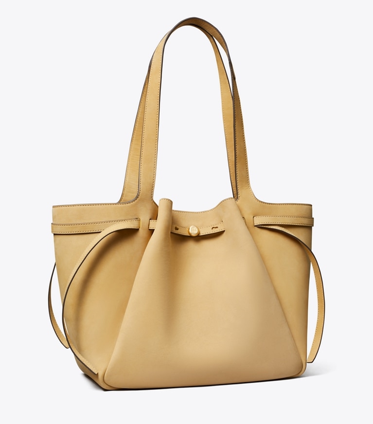 Tory Burch designer tote bags Romy Nubuck Tote in Wheat angle