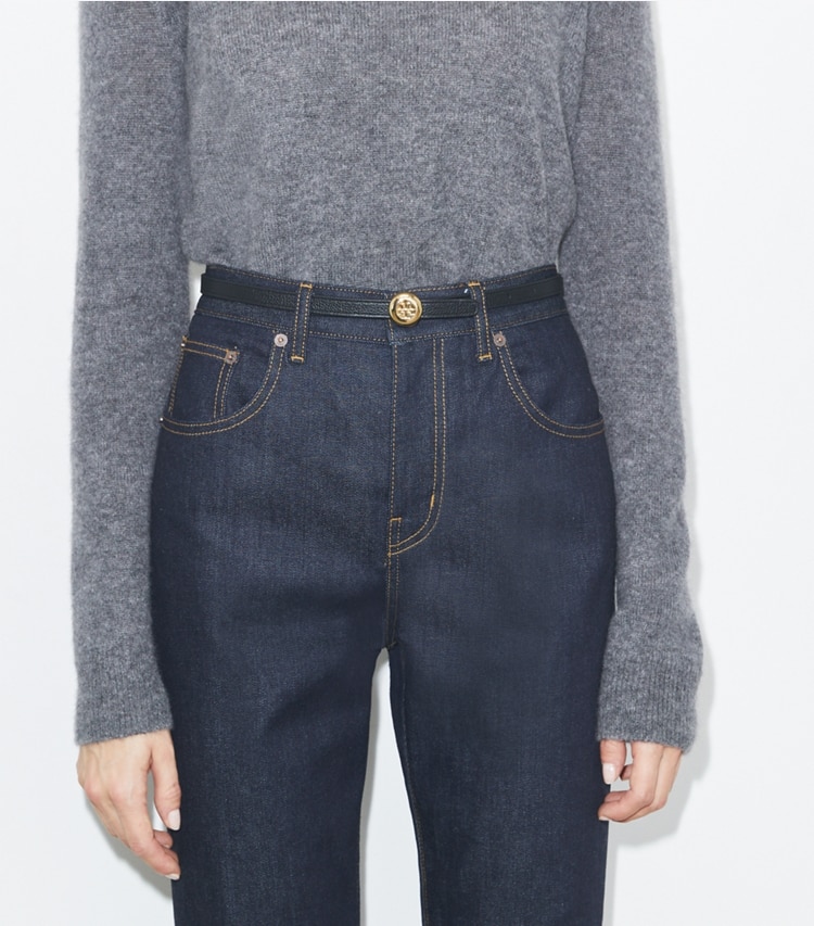 Tory Burch designer belts Romy Reversible Belt in Warm White / Light Granite accessory on model