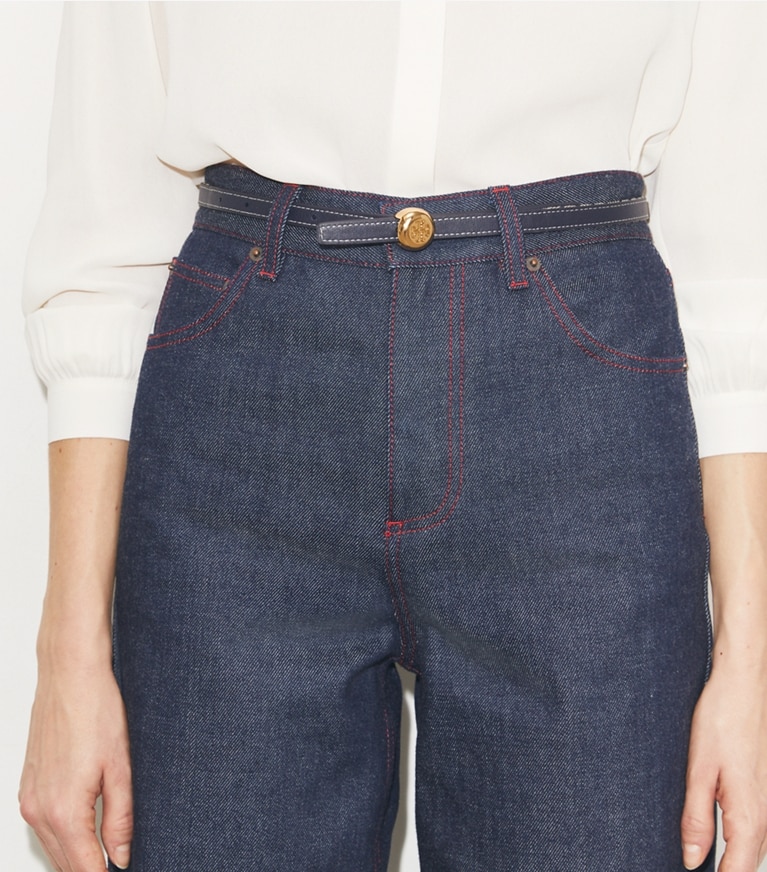 Tory Burch designer belts Romy Reversible Belt in Tory Navy accessory on model