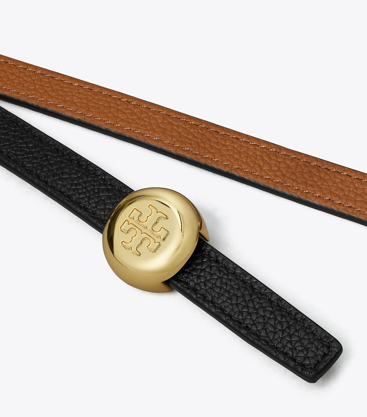 Tory Burch designer gürtel Romy Reversible Belt in Black / Aged Tan detail