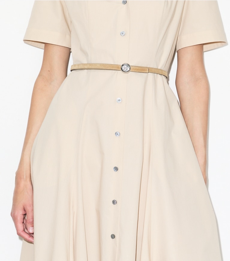 Tory Burch designer belts Romy Reversible Suede Belt in Stone / Soft Blue / Silver accessory on model