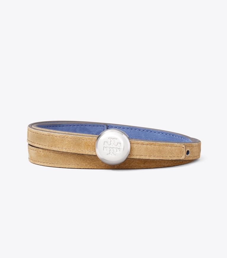 Tory Burch designer belts Romy Reversible Suede Belt in Stone / Soft Blue / Silver back
