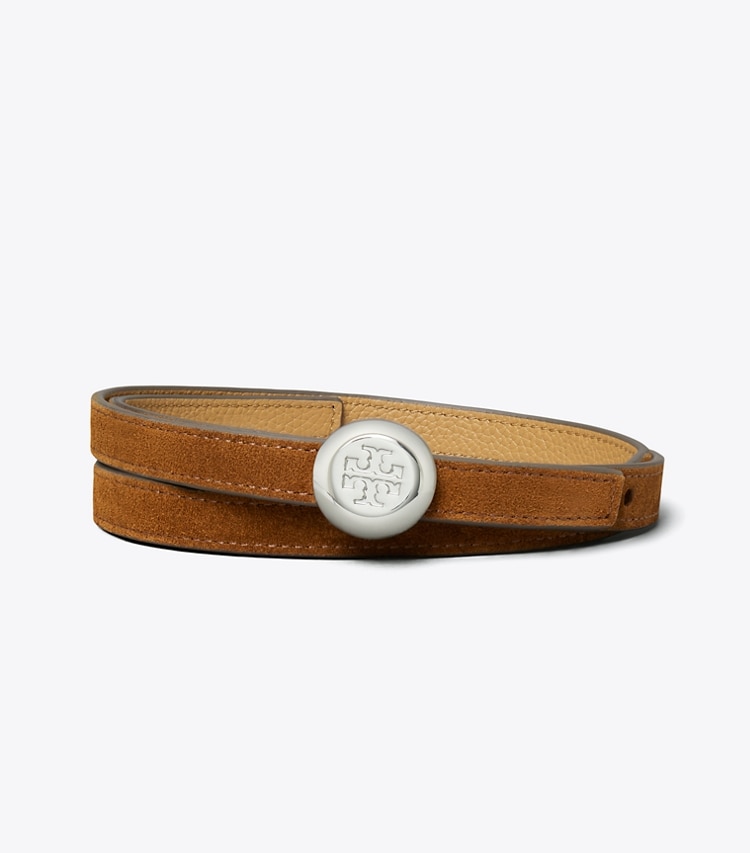 Tory Burch designer belts Romy Reversible Suede Belt in Park Bench / Tiramisu front