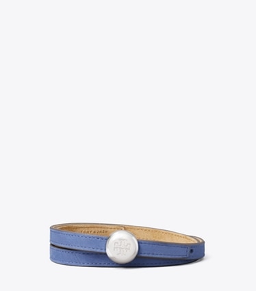 Tory Burch designer belts Romy Reversible Suede Belt in Stone / Soft Blue / Silver front