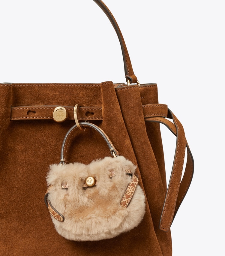 Tory Burch designer bag charms & key rings Romy Shearling Bucket Bag Charm in Teddy detail