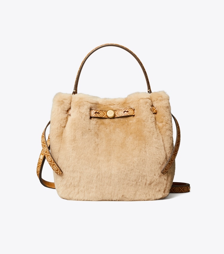 Tory Burch designer crossbody bags Romy Shearling Bucket Bag in Teddy front