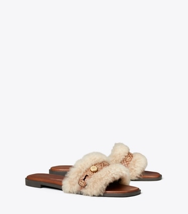 Tory Burch designer sandals Romy Shearling Slide in CLASSIC CUOIO / BUTTERMILK angle