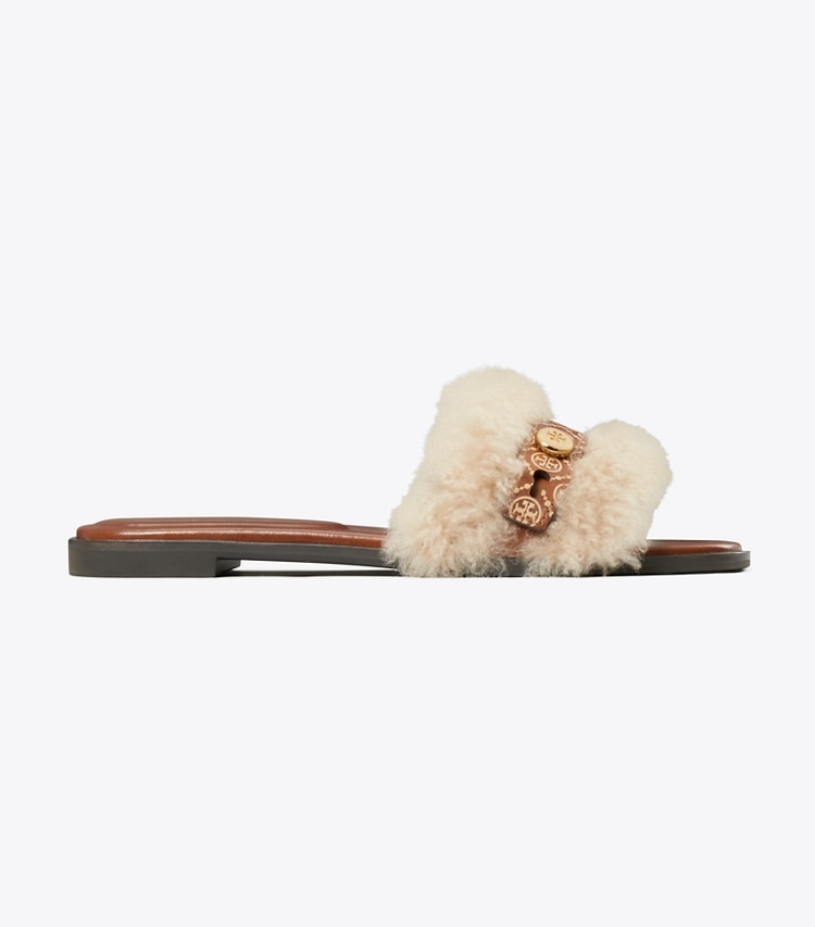 Tory Burch designer sandals Romy Shearling Slide in CLASSIC CUOIO / BUTTERMILK side