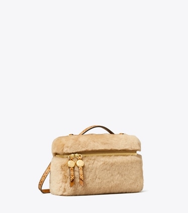 Tory Burch designer crossbody bags Romy Shearling Slim Top Handle Bag in Teddy angle