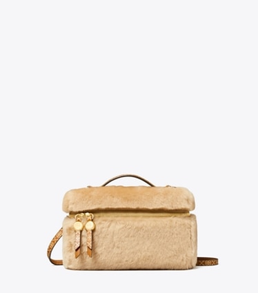 Tory Burch designer crossbody bags Romy Shearling Slim Top Handle Bag in Teddy front
