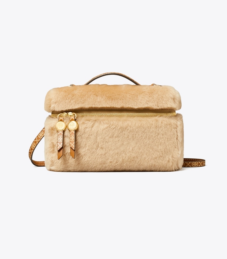 Tory Burch designer crossbody bags Romy Shearling Slim Top Handle Bag in Teddy front