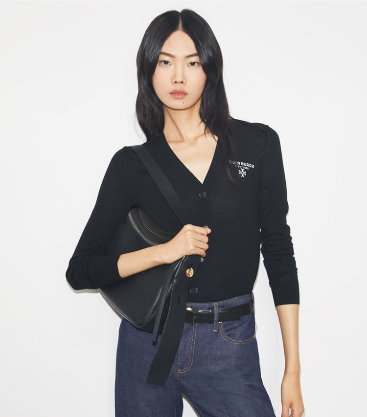 Tory Burch designer shoulder bags Romy Shoulder Bag in Black accessory on model
