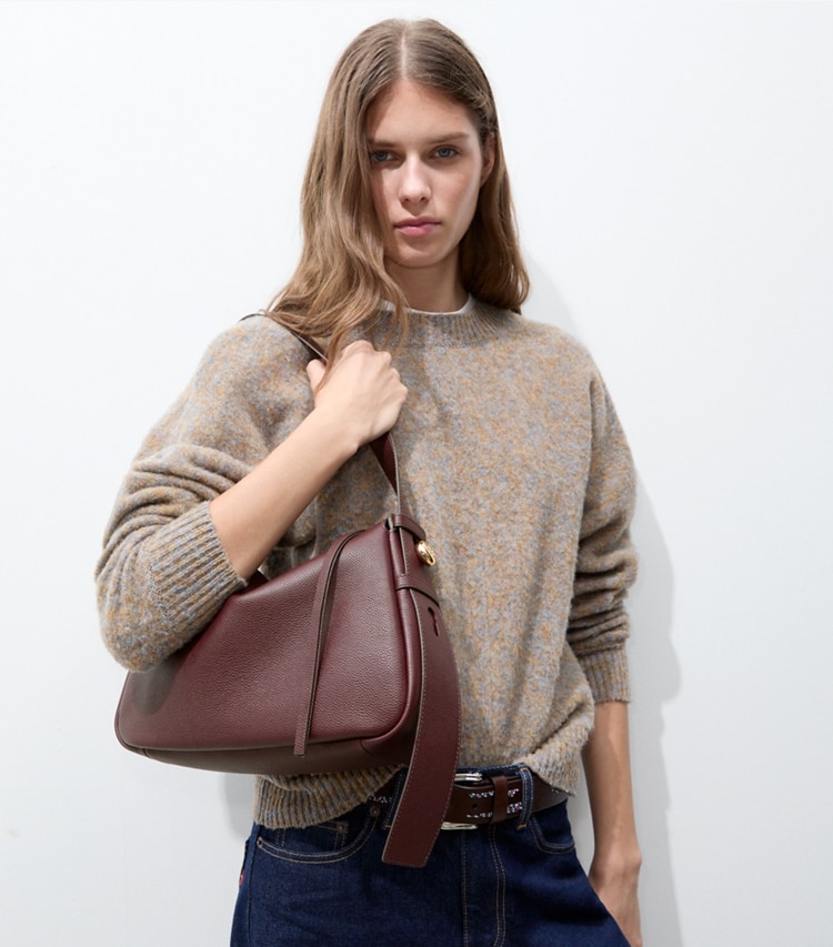 Tory Burch designer shoulder bags Romy Shoulder Bag in Dark Carmine accessory on model