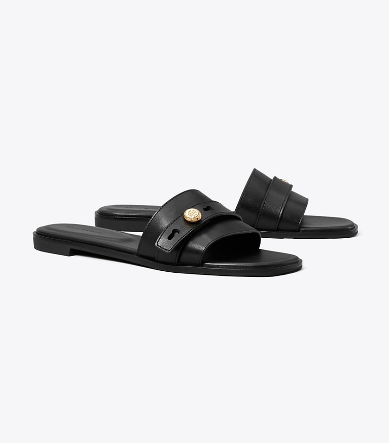 Tory Burch designer sandals Romy Slide in PERFECT BLACK angle