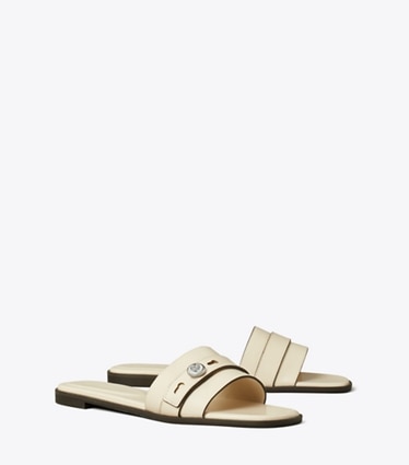 Tory Burch designer sandals Romy Slide in LIGHT CREAM angle