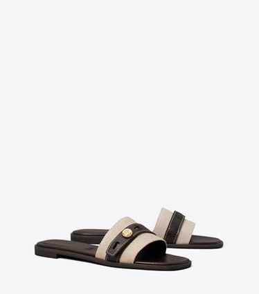 Tory Burch designer sandals Romy Slide in NATURAL / BROWN angle
