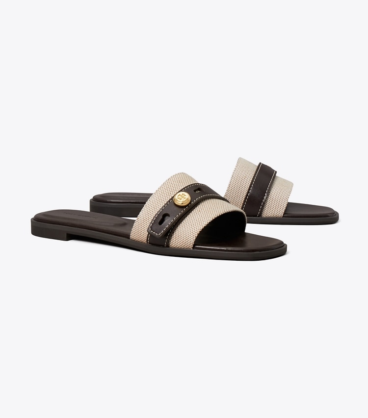 Tory Burch designer sandals Romy Slide in NATURAL / BROWN angle