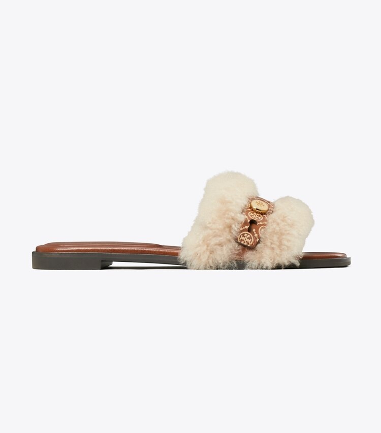 Tory Burch designer sandalen Romy Slide aus Lammfell in CLASSIC CUOIO / BUTTERMILK side