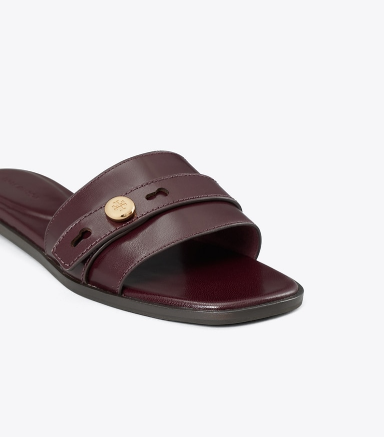 Tory Burch designer sandals Romy Slide in Dark Carmine detail