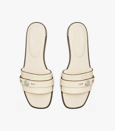 Tory Burch designer sandals Romy Slide in LIGHT CREAM overhead