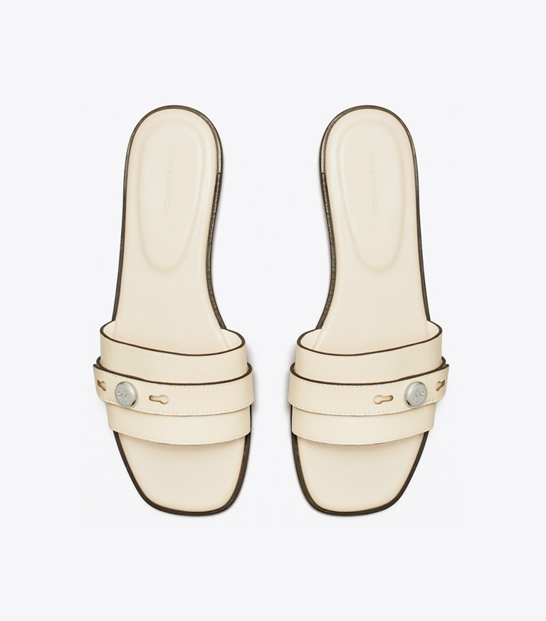 Tory Burch designer sandals Romy Slide in LIGHT CREAM angle