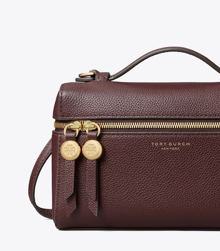 Tory Burch designer crossbody bags Romy Slim Top Handle Bag in Dark Carmine detail