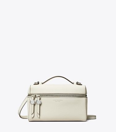 Tory Burch designer crossbody bags Romy Slim Top Handle Bag in Light Cream front