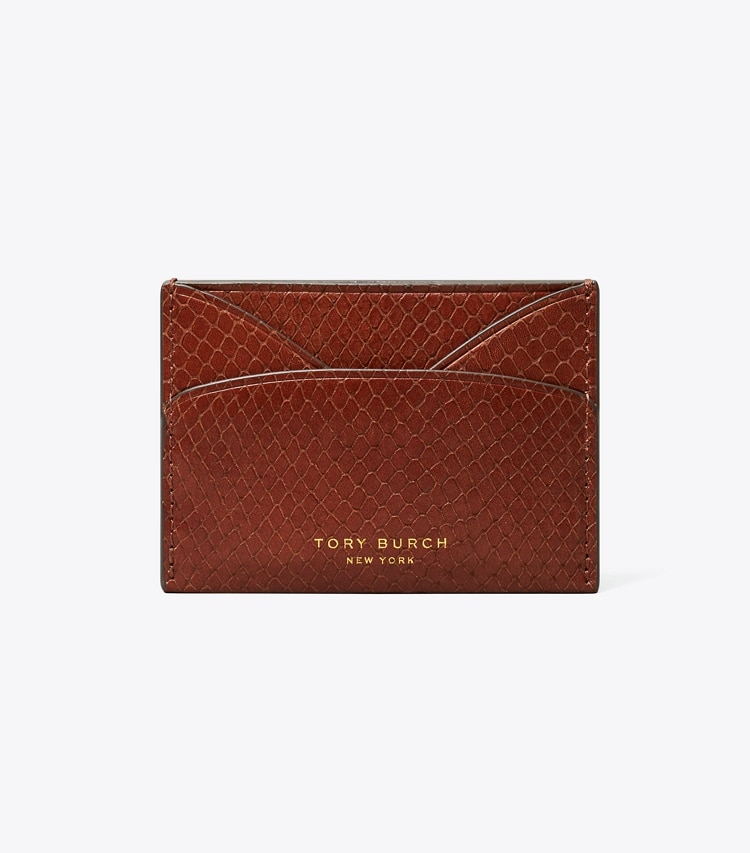 Tory Burch designer card cases Romy Snake-Embossed Flat Card Case in Sweet Maple front